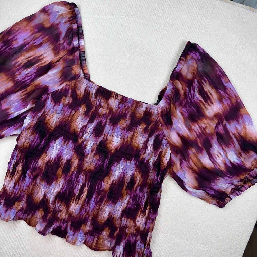 Old Navy Blouse Womens XL Purple Tie Dye Smocked Puff Sleeve Square Neck Boho‎
